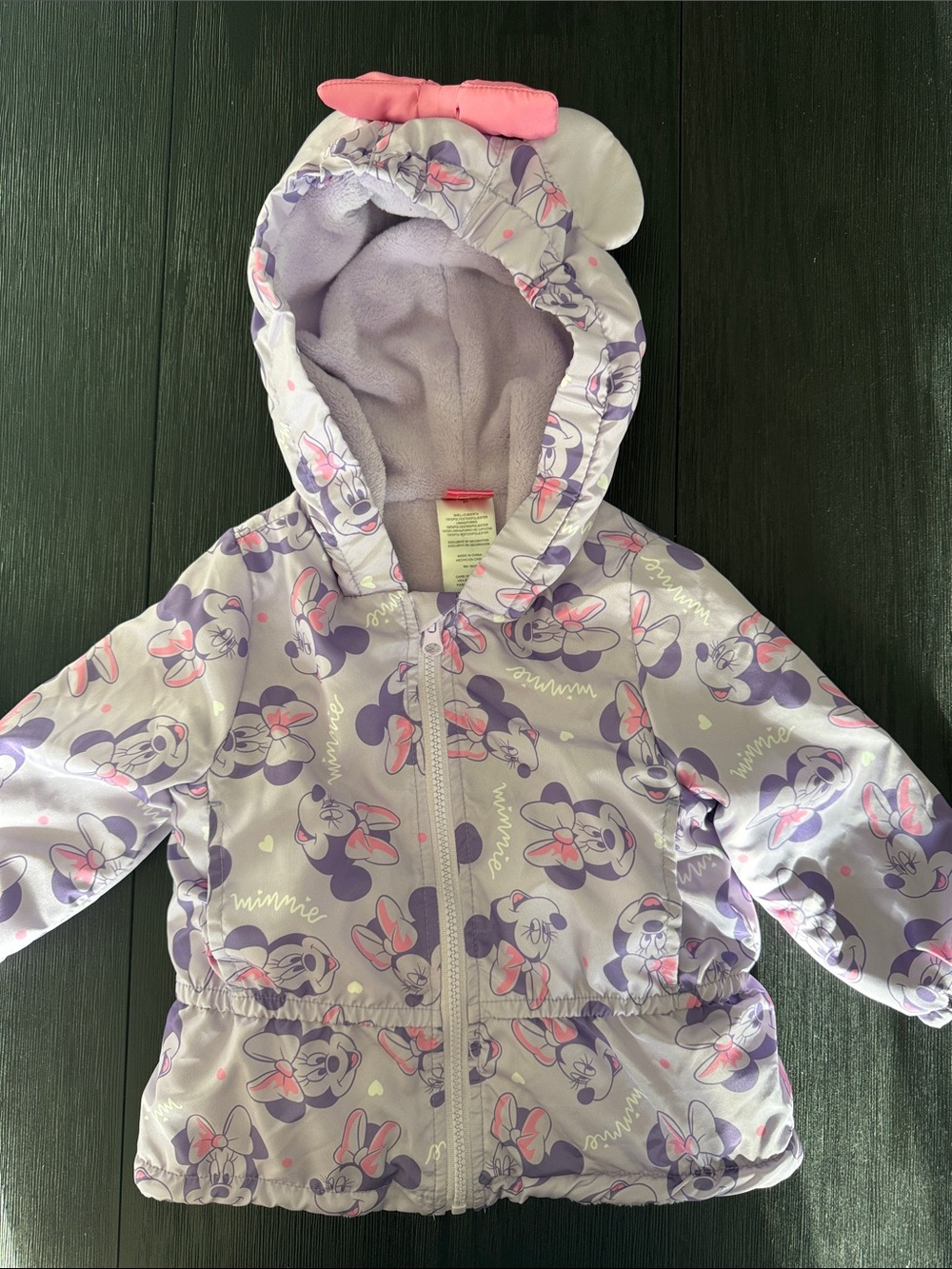 Disney Minnie Mouse Fleece Lined Hooded 3D Ears All Over Jacket Purple Pink 2T